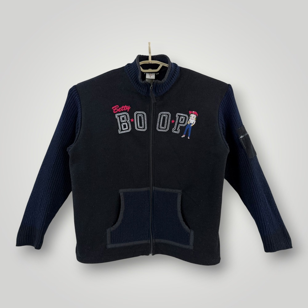Vintage 2002 Betty Boop Freeze Fleece Knit Sleeve Zip Up Jacket Black Womens L